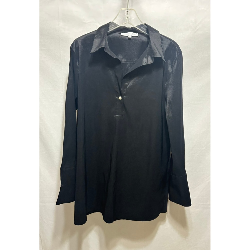 PRESTON & YORK Black Silky Button Front Long Sleeve Tunic Shirt Top Womens XL
